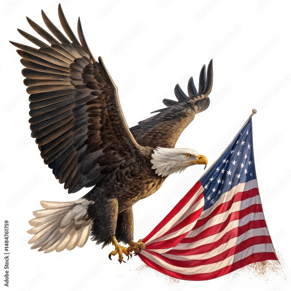 Obraz premium Majestic Bald Eagle Soaring with American Flag Memorial Day Tribute