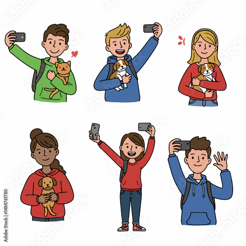 Selfie With Pets: Group of youngsters, each capturing a moment of joy and affection by taking selfies with their adorable pets, embracing the bond of friendship and companionship.
