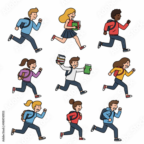 Rushing To School: A dynamic illustration captures a diverse group of students racing, bags, backpacks and books in hand, portraying a vivid sense of urgency and youthful exuberance.