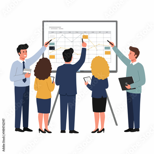 Strategic Insight: A collaborative group of individuals intently analyzes data on a presentation board during a business meeting, highlighting key areas for strategic planning, innovation.