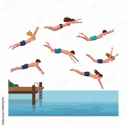 Dive Into Summer Fun: A group of diverse individuals execute a series of perfectly executed dives into a refreshing swimming pool, capturing the essence of carefree joy.