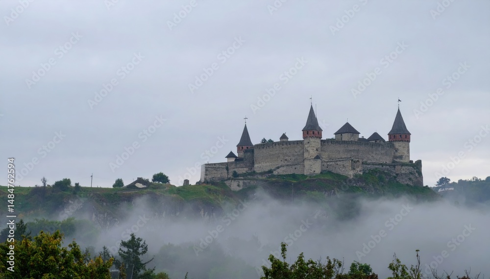 Fototapeta premium Exploring a historic castle surrounded by mist in transylvania romania landscape photography mysterious atmosphere