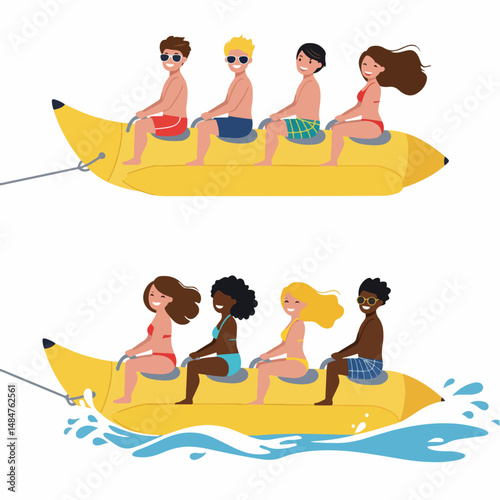 Banana Boat Fun: Witness the pure, unadulterated joy as groups of friends enjoy an adventurous ride on a banana boat, skimming across the water's surface. A perfect blend of friendship, fun.