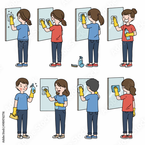 Illustrative Cleaning Scene: A cheerful illustration depicts individuals diligently cleaning a surface with a focus on hygiene. This artwork captures a refreshing atmosphere.
