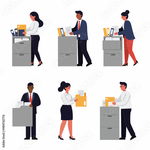 Organized Workspace: A collection of professionals managing and arranging documents and files, emphasizing the structured office environment and the essential role of organization.
