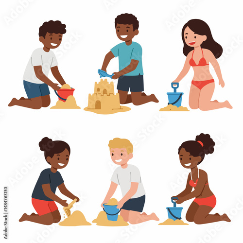 Beach Builders: Children of different ethnicities are engrossed in constructing sandcastles on the beach, their faces alight with concentration and pleasure.