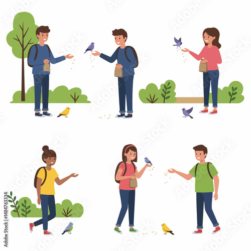 Kindness in Bloom: A vibrant illustration captures the essence of a shared moment as diverse individuals, filled with happiness, nurture the local avian life.