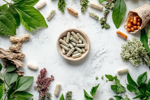 Herbal capsules rest in a circular wooden bowl amidst fresh green leaves and natural elements, creating a peaceful and holistic arrangement that reflects natures bounty photo