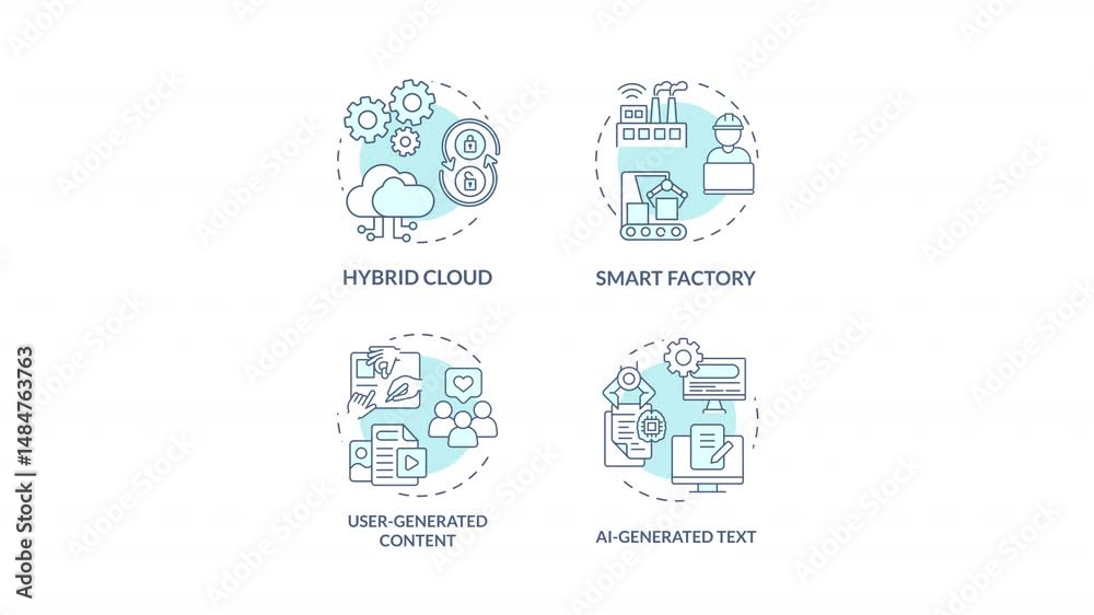 Digital transformation blue concept icons animation set. AI based technology integration. Virtual data processing. Cyan circular animated abstract ideas. HD video collection with alpha channel Digital transformation blue concept icons animation set. AI based technology integration. Virtual data processing. Cyan circular animated abstract ideas. HD video collection with alpha channel
