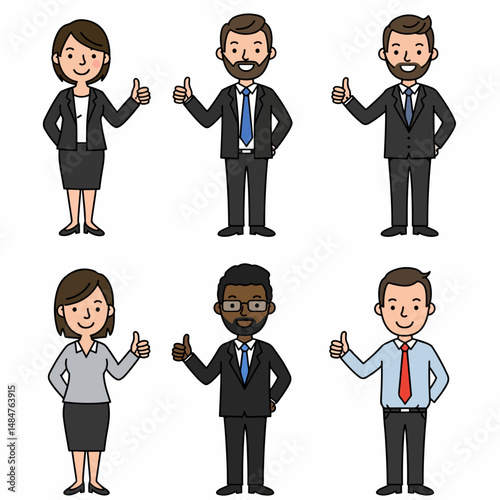 Six Business Professionals with Thumbs Up: Six diverse professionals, each in business attire, offer a cheerful thumbs up, symbolizing agreement, success, and positive feedback.