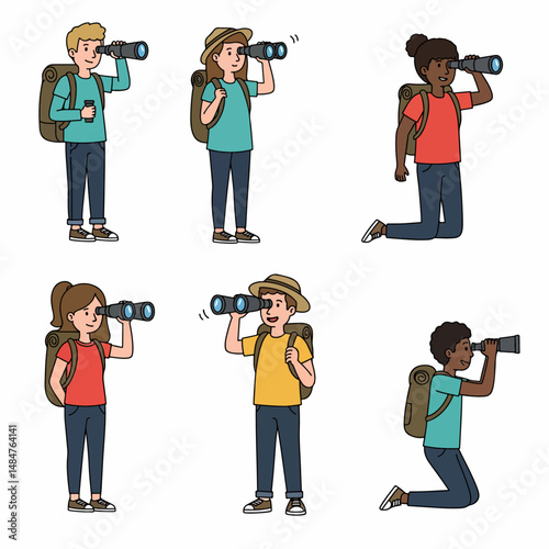 Adventurous Explorers: Captivating a diverse group of youthful explorers, engrossed in the thrill of discovery through their binoculars, against a bright, crisp backdrop.
