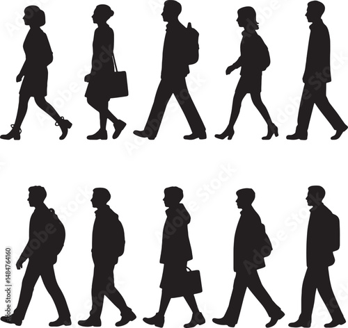 Collection of walking people silhouettes diverse group commuting and strolling