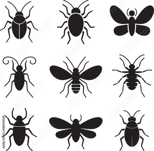 Various insect silhouettes beetles moths bees and ants in black and white