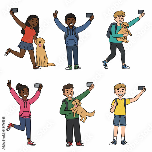Digital Self-Portraits: A charming collection of young individuals happily capturing selfies with their smartphones, showcasing diversity and the joy of companionship with pets, all in a vibrant.