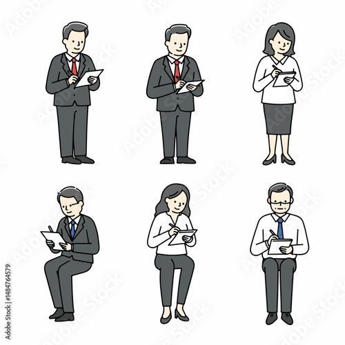 Business Professionals Taking Notes: A set of diverse business professionals, depicted in a minimalist hand-drawn style, are attentively taking notes on their tablets.