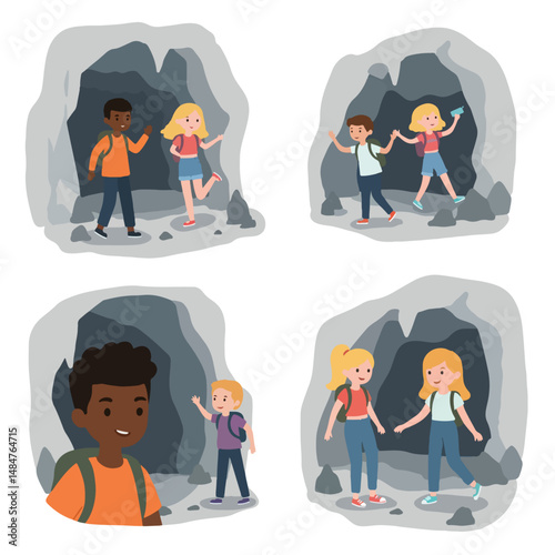 Kids Cave Exploring Adventure: Four illustrations showcase children happily exploring a cave, highlighting adventure, friendship, and exploration.