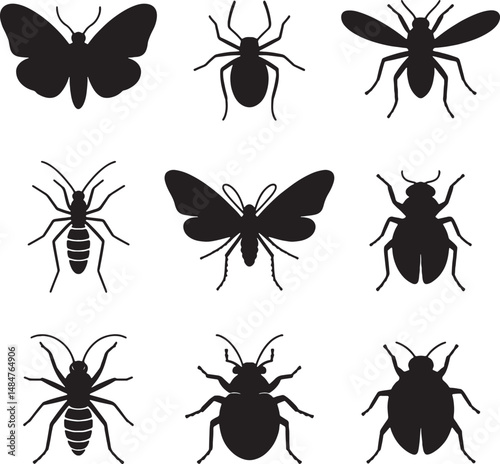 Insect silhouettes illustration featuring butterflies ants and beetles isolated on white