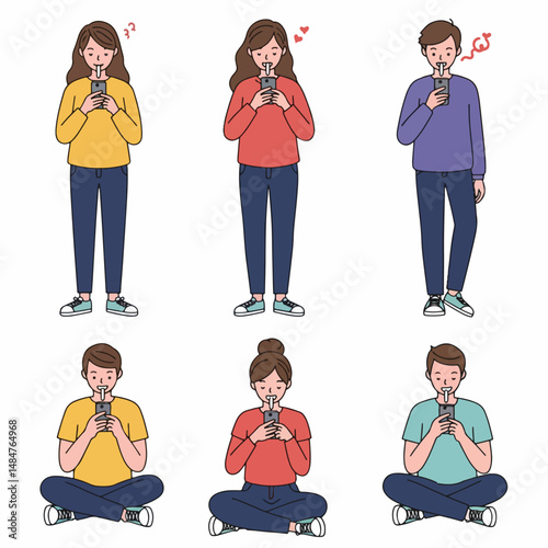 People in Social Media Interactions: A colorful illustration capturing diverse individuals engrossed in mobile phone interactions. The scene presents a dynamic array of expressions.