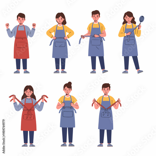 Cooking Professionals in Various Emotion: Diverse individuals adorned in aprons and holding cooking tools, each showcasing unique expressions. A vibrant portrayal of emotions.