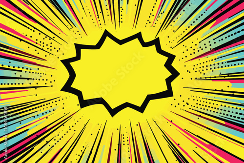 Pop art explosion vector with yellow burst and multicolor halftone dots. comic book-style burst effect with copy space.  'Kirby Krackle' aesthetic burst background.