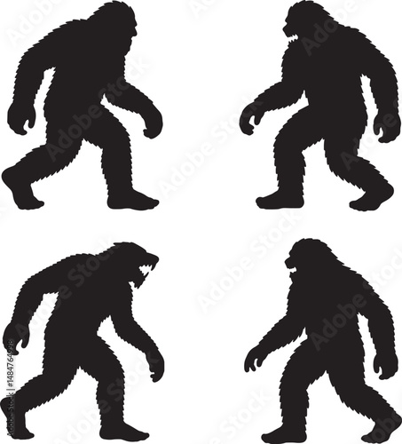 Bigfoot silhouette illustrations sasquatch mythical creature set cryptozoology mystery