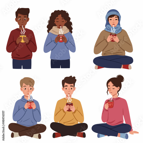 Cozy Sip: Group of people enjoying warm beverages, depicting the simple joy of sharing a warm drink on a cold day. 