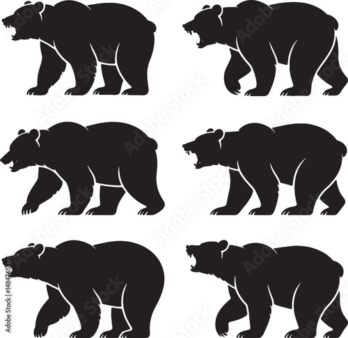 Black bear silhouette vector set aggressive wildlife design collection