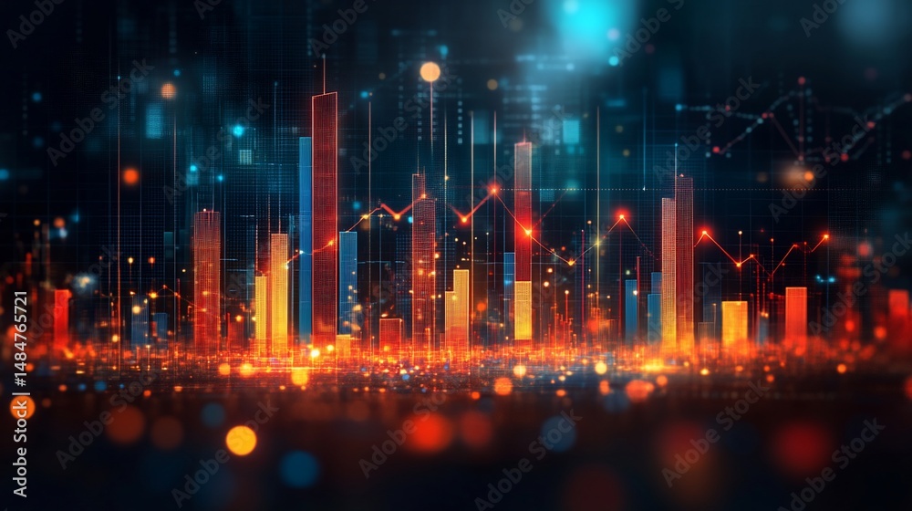Fototapeta premium Abstract digital cityscape with financial data and a dynamic graph display in bright colors