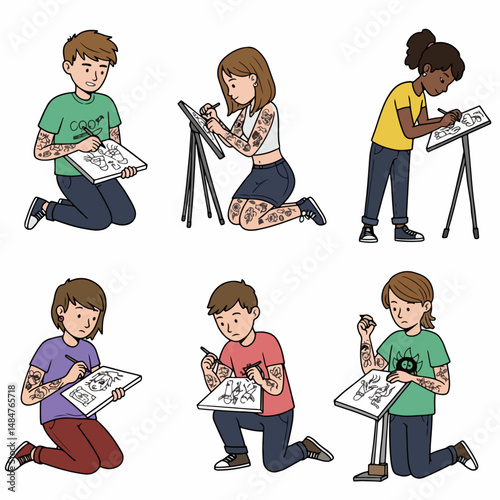 Creative Minds at Work: An ensemble of individuals of all ages immerse themselves in artistic exploration, passionately crafting illustrations on canvases, embodying the essence of creativity.