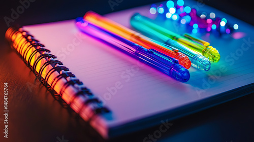 A notebook with pens and pencils on it