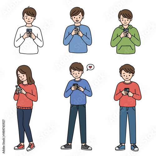 Connected Collective: A vibrant illustration captures a cross-section of individuals, each engrossed in the digital realm of their mobile phones, representing the modern bond of technology.
