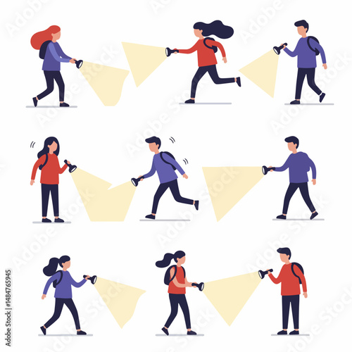 Illuminating the Path: A dynamic illustration of diverse individuals using flashlights, lighting the way with determination and exploration, perfect for themes of discovery and forward progress.