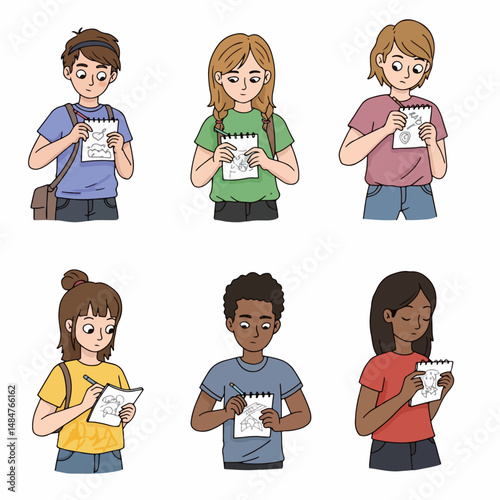 Aspiring Artists at Work: A charming cartoon illustration shows six young individuals absorbed in their artistic endeavors, sketching and creating in notebooks.