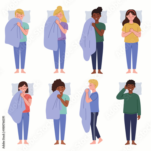 Sleep Tight: Eight diverse children in various sleep positions, each unique and expressive, are captured in a charming illustration showcasing a variety of bedtime scenarios.