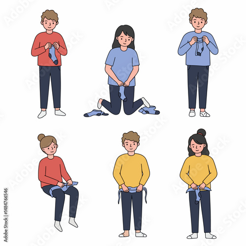 A compilation of individuals wearing clothes : Illustration featuring people wearing various clothes and getting dressed. A depiction of people involved in the process of getting dressed, in a clean.