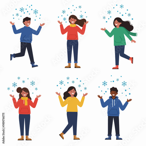 Joyful Snowfall Scene: A delightful illustration captures the glee of individuals interacting with falling snowflakes, radiating cheerfulness and delight.