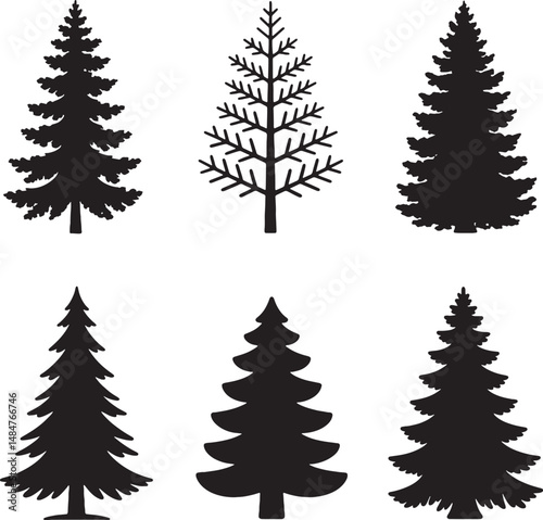 Collection of various evergreen pine and fir tree silhouettes for winter holiday decoration