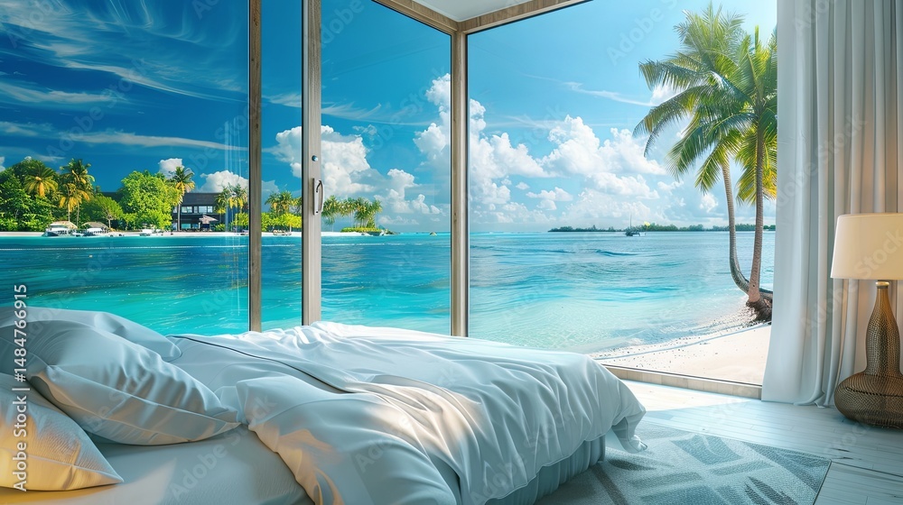 Fototapeta premium Interior of a luxury hotel room with a panoramic window overlooking a tropical beach with palm trees. A corner of paradise.