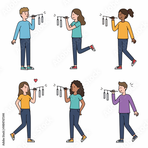 Joyful group playing with  wind chimes: Six diverse young adults joyfully play with wind chimes, expressing carefree happiness and playful interaction.