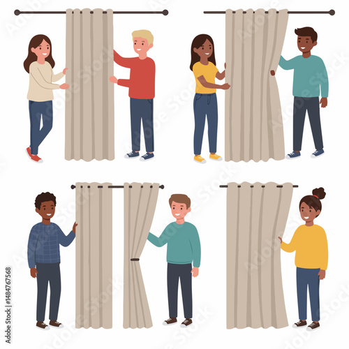 Diverse Group Revealing Curtains: A collection of diverse figures gracefully unveiling neutral-toned curtains, creating a sense of anticipation and revelation.