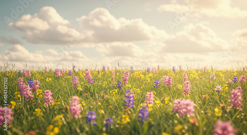 Meadow Blooms Vividly with Lupines and Buttercups under a Sunny Sky, Beautiful View