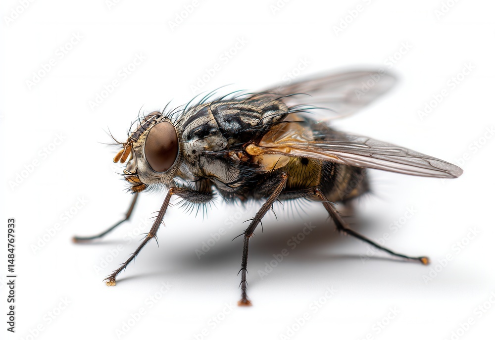 Obraz premium Close-up view of a house fly showcasing intricate details and features against a stark white background for artistic interpretation