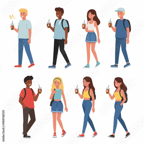 Diverse Characters Enjoying Coffee: An illustration showcasing eight diverse young adults casually walking and enjoying coffee in various poses.