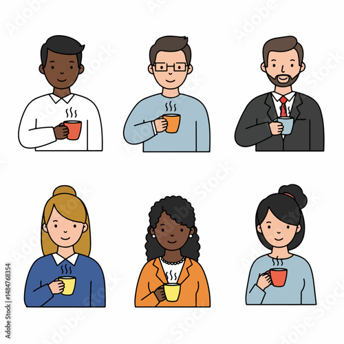 Coffee Break Crew: Diverse characters, each with unique styles and expressions, enjoy a warm cup of coffee, representing inclusivity and unity in the workplace. 