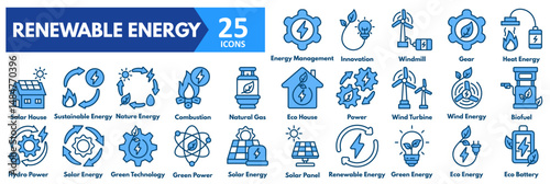 Renewable Energy icon set. with icons of solar panel, renewable, green, eco energy, eco battery, energy management, innovation, windmill, gear, heat, solar house, sustainable 
