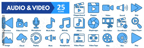 Audio and Video icon set. with icons of video player, tape, film, disc, play, clapperboard, clapper, video, sound, skip, previous, camera, microphone, music note, melody, album, diaphragm 