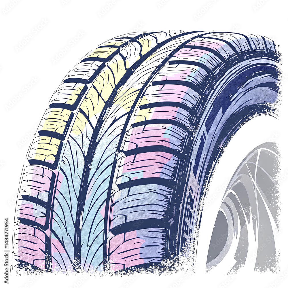 Fototapeta premium 컬러풀한 자동차 타이어 트레드 일러스트, 벡터 스타일