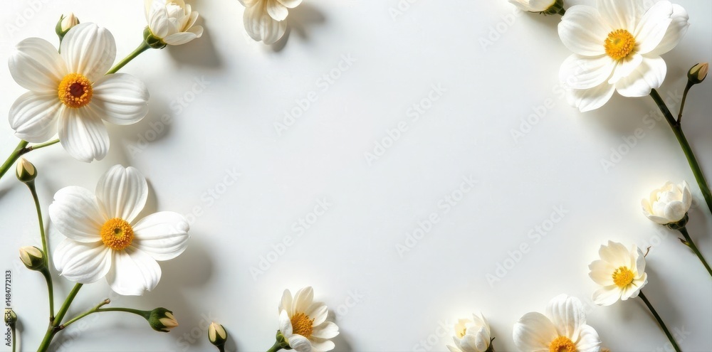 Obraz premium Blank white flower invitation cards on white table Elegant wedding stationery mockup , background, card