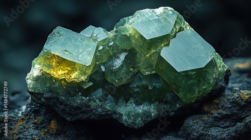 Dark green epidote exhibits a yellowish-green to brownish-green color within a silicate mineral