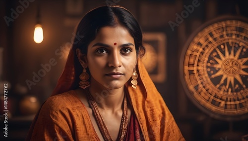 Beautiful Indian Female Astrologer in Traditional Attire with Gold Jewelry and Blurred Astrology Background – Spiritual and Cultural Concept in Warm Ambient Light